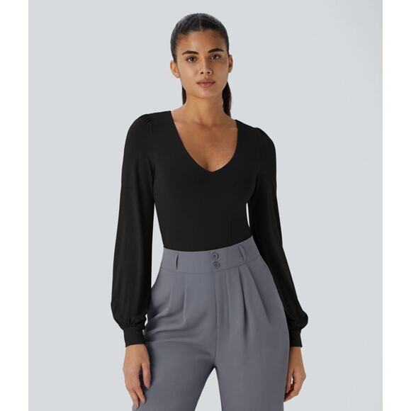 Halara Black V-Neck Long Sleeve Puff Sleeve Work Bodysuit Size Medium NEW - Picture 3 of 11